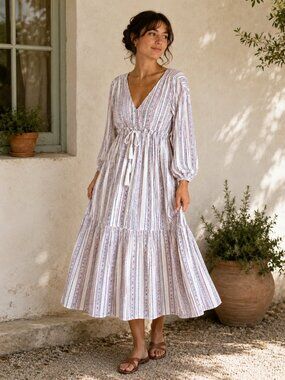 Prairie Dress Midi Cottagecore Summer Beachy Boho Flowy Tassel Tiered Small